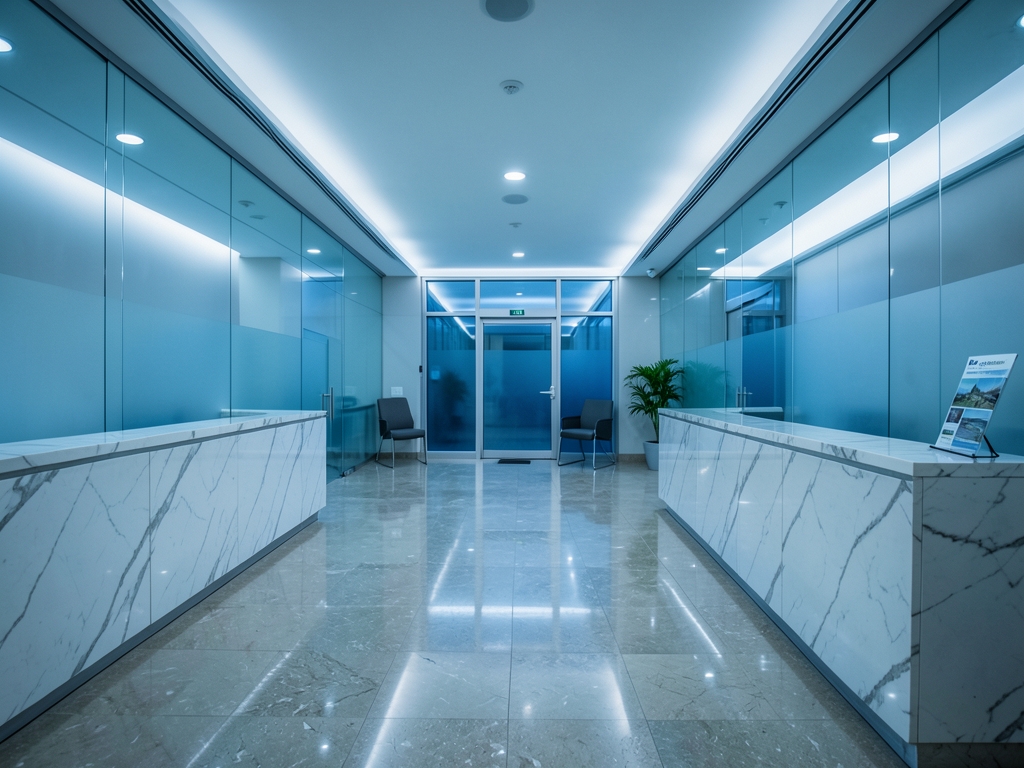 Empty modern bank lobby with marble counters glass