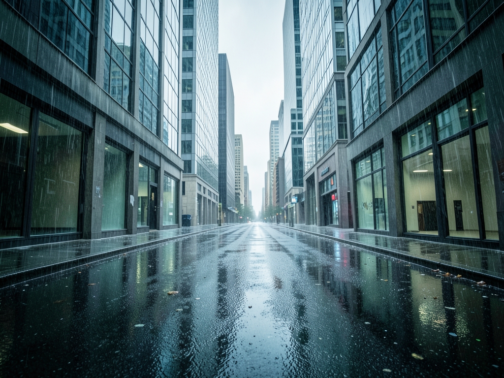 Rain streaks down windows deserted financial district street