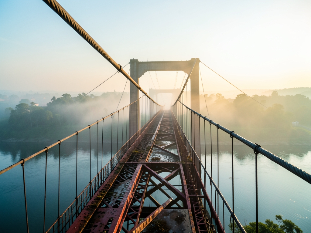 misty suspension bridge over wide river dawn with