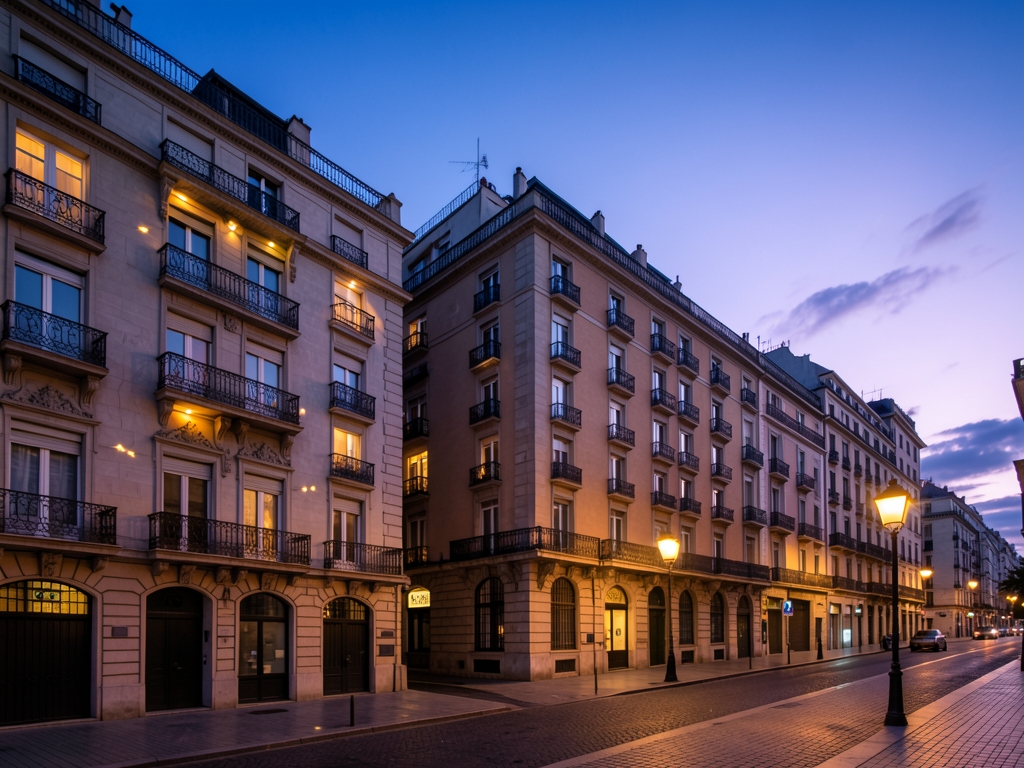 wide angle view Eixample grid dusk shows subtle glowing