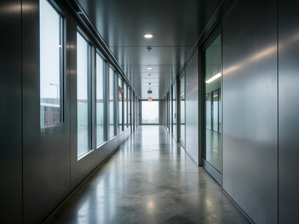 long dimly corridor brushed steel glass stretching into