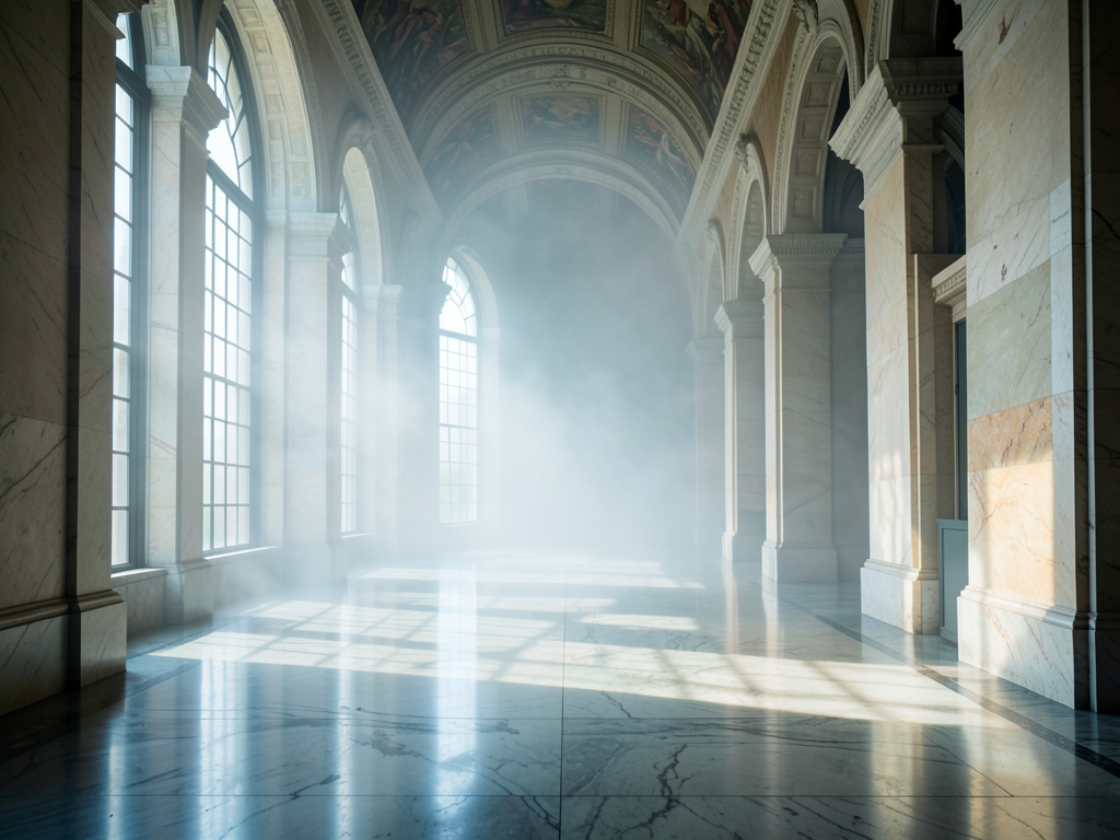 vast marble atrium with tall arched windows casting