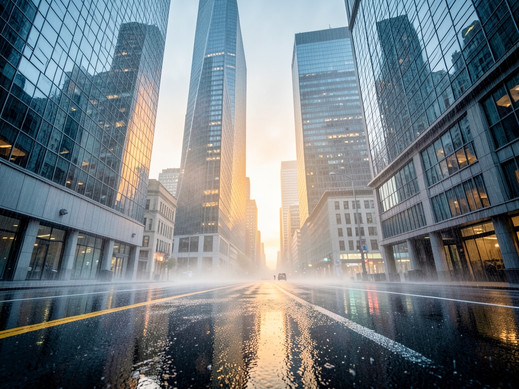 rain soaked financial district dawn glass towers reflecting pale