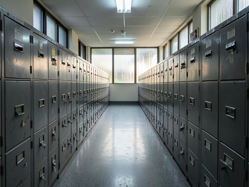 vast archive room steel filing cabinets under cold