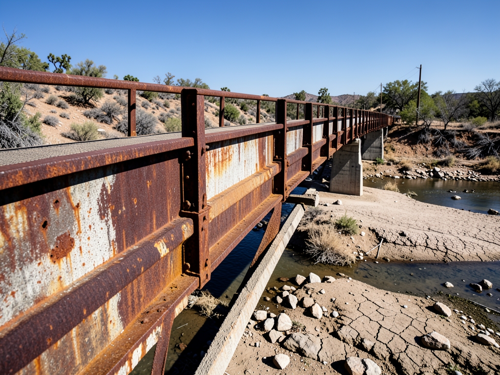 long pedestrian bridge spanning California creek bed bathed