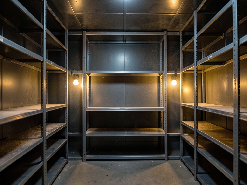 Empty archive vault with steel shelves soft warm