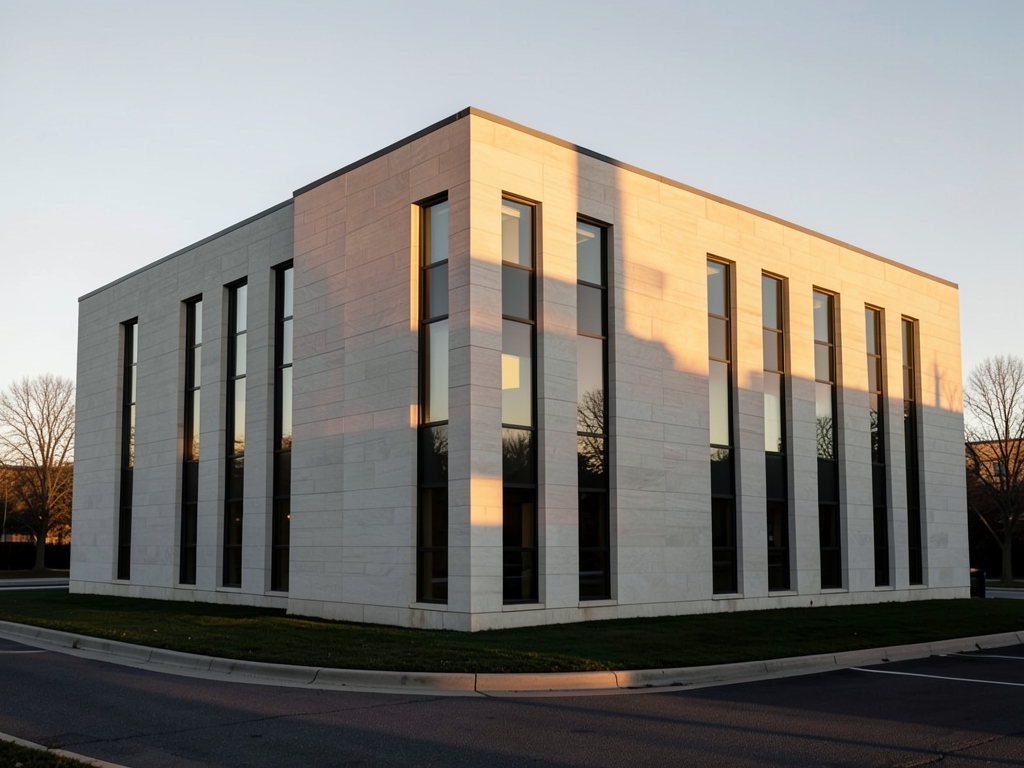 Quiet Midwestern corporate headquarters sunrise pale limestone facade