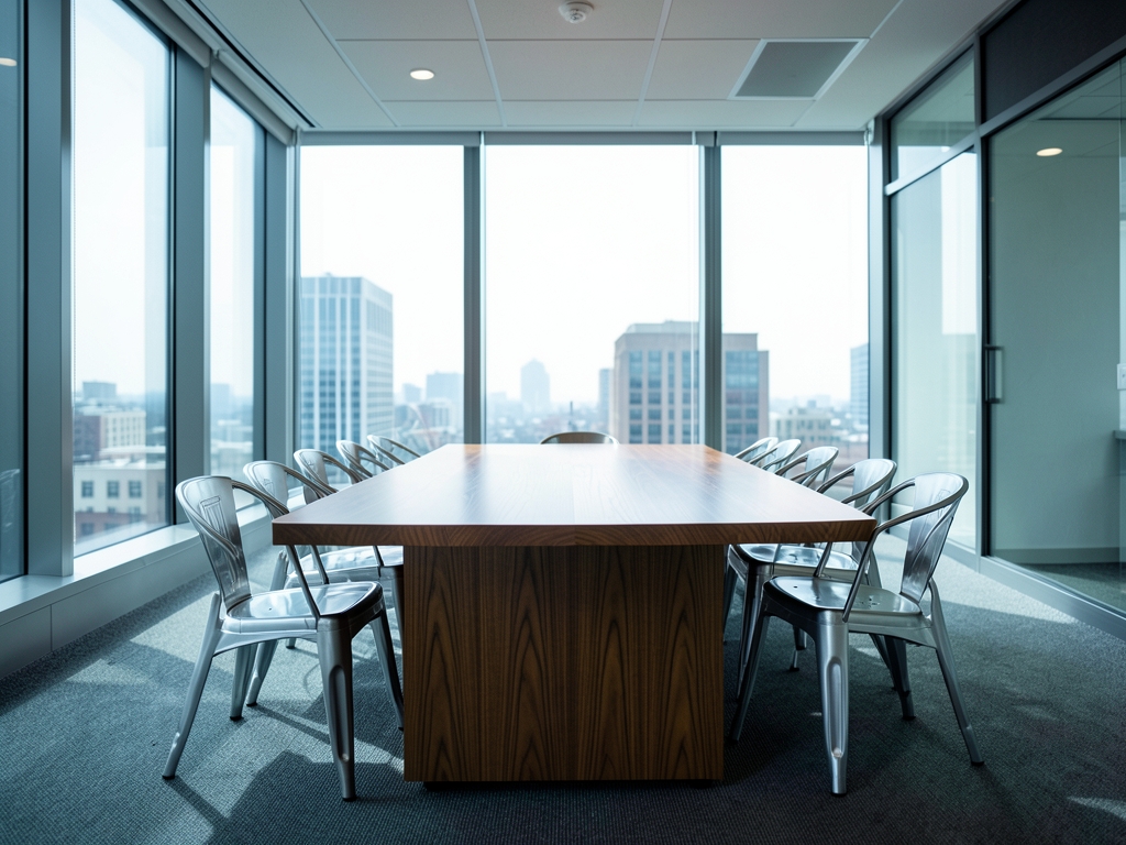 Empty Seattle office boardroom with long wooden table