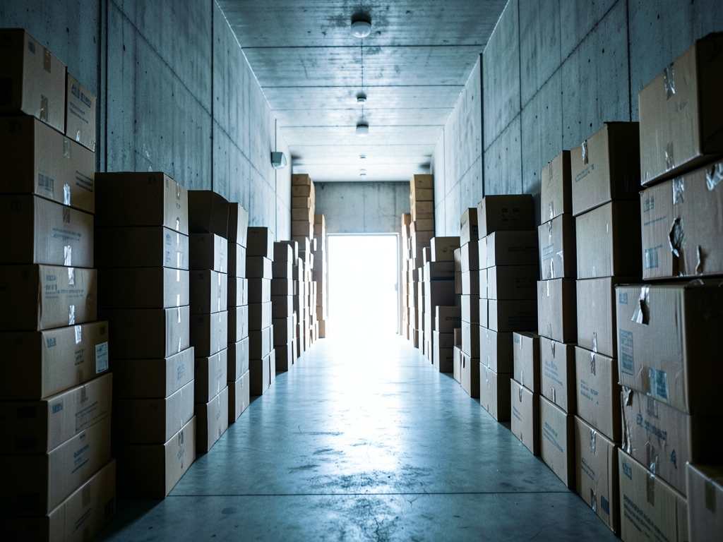 Long concrete warehouse hallway lined with stacked cardboard