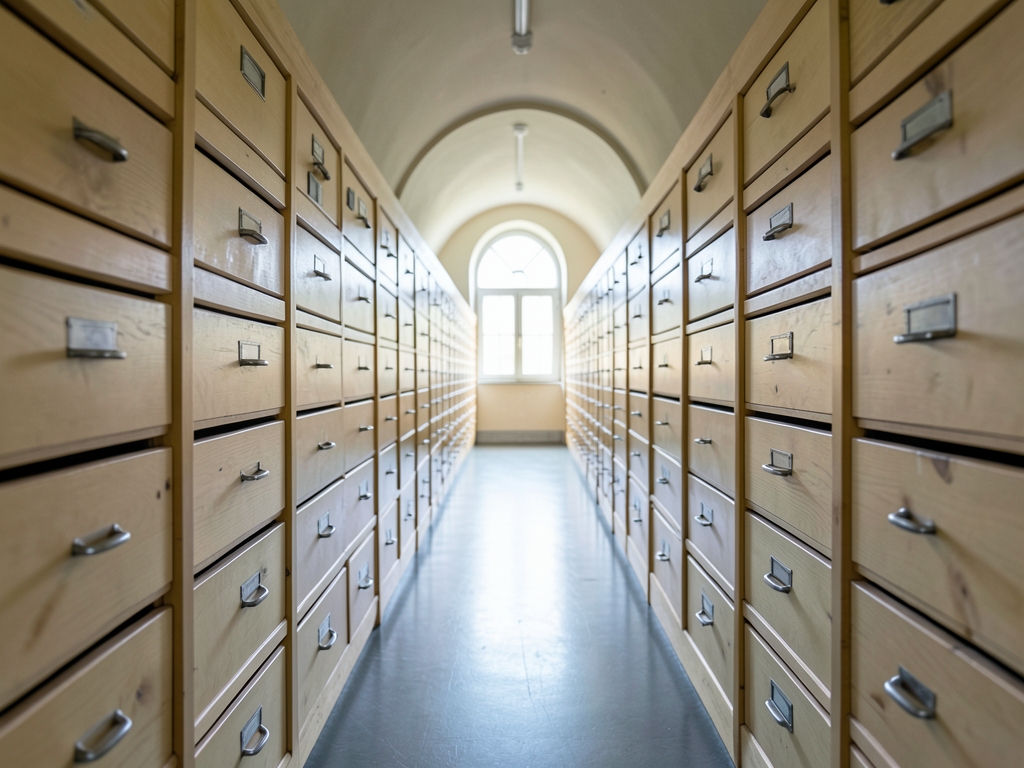 Long archive corridor with rows pale wooden drawers