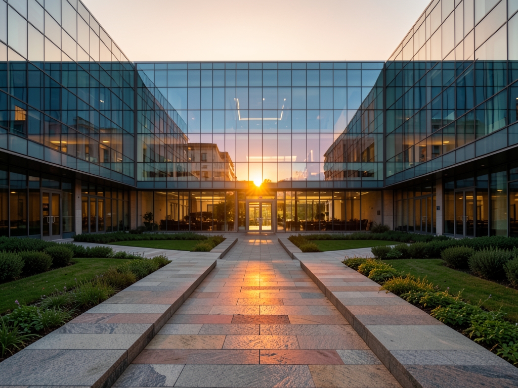 Modern glass office atrium golden dusk with diverging