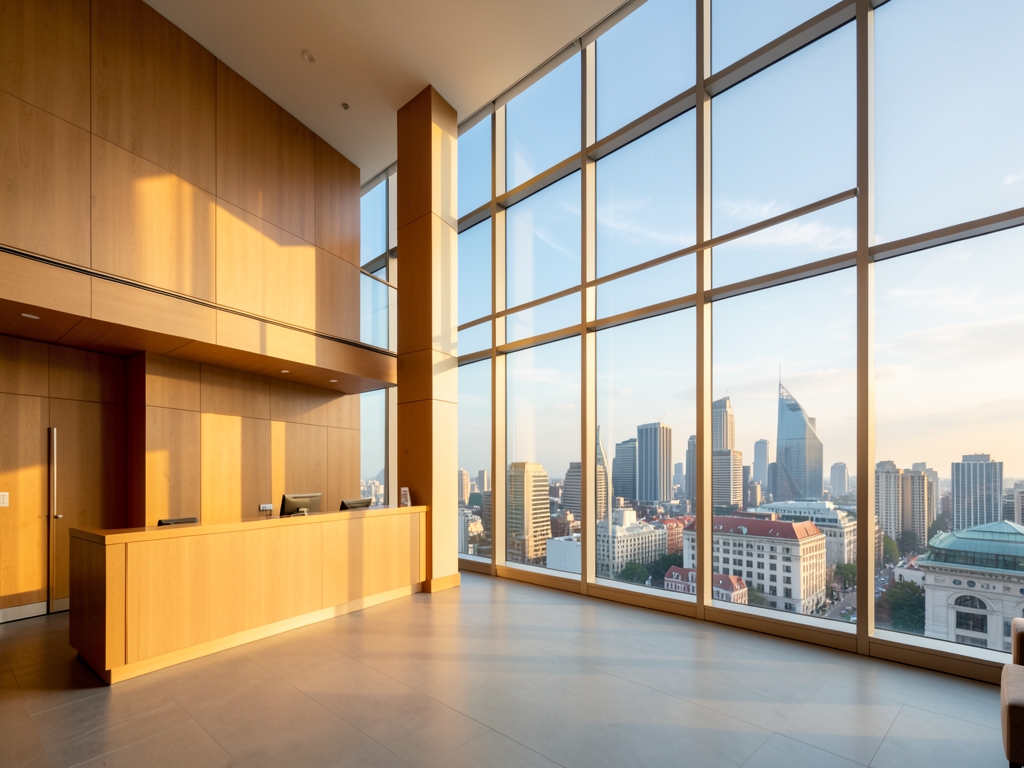 Airy minimalist lobby with floor to ceiling windows overlooking distant