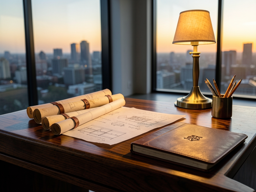 Architect s wooden desk with rolled paper plans tracing
