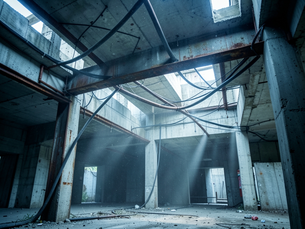 Unfinished concrete building interior with exposed steel beams