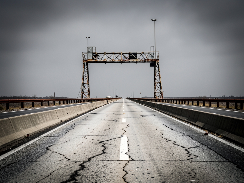 long concrete highway vanishing toward towering steel toll