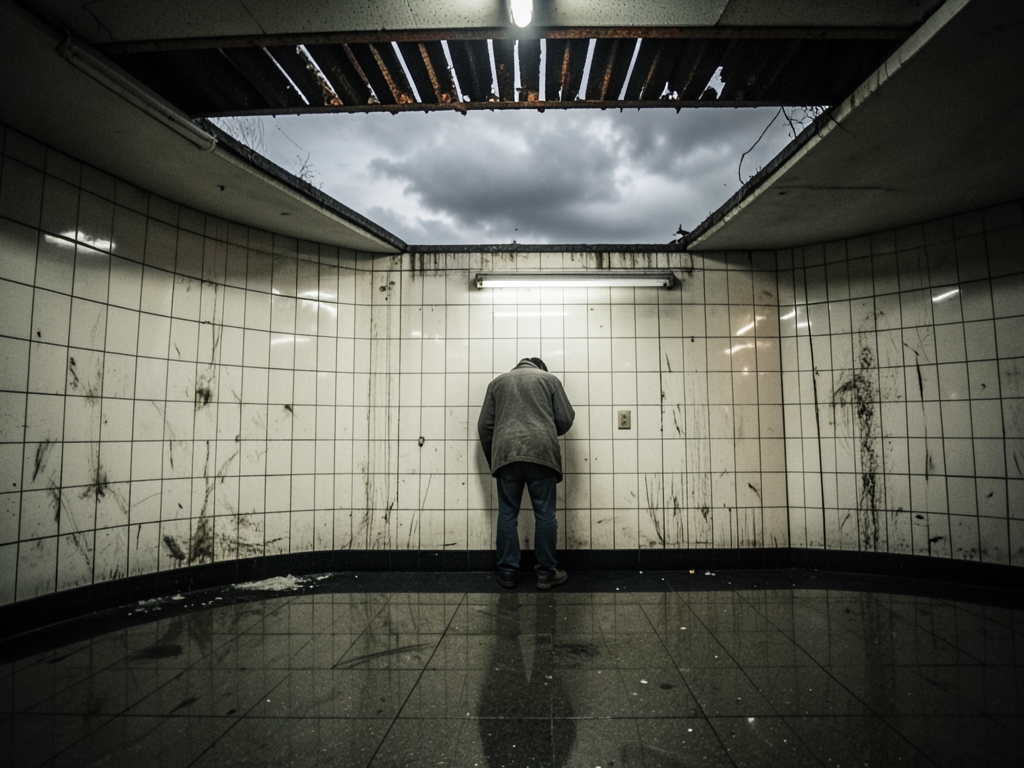 underground transit platform with water stained tile walls flickering