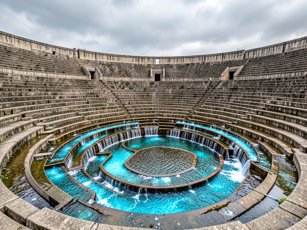 vast concrete amphitheater under overcast skies filled with