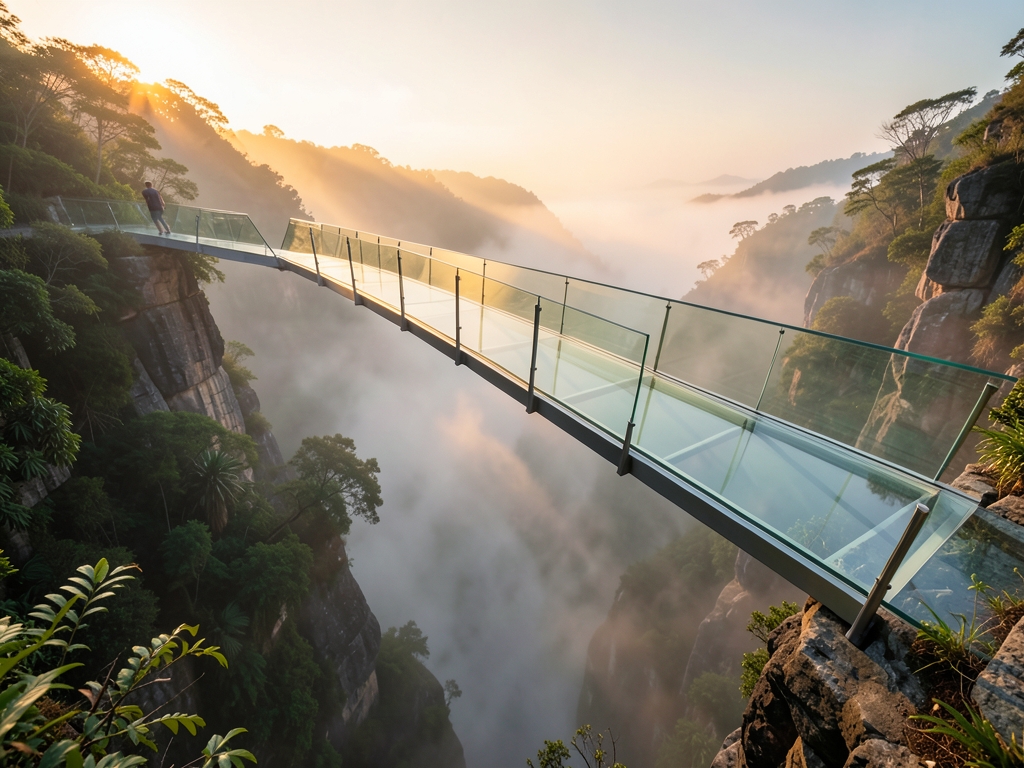 translucent glass bridge spanning misty valley dawn golden