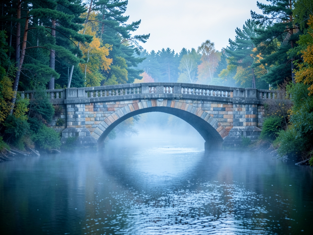 cold stone bridge spanning misty river