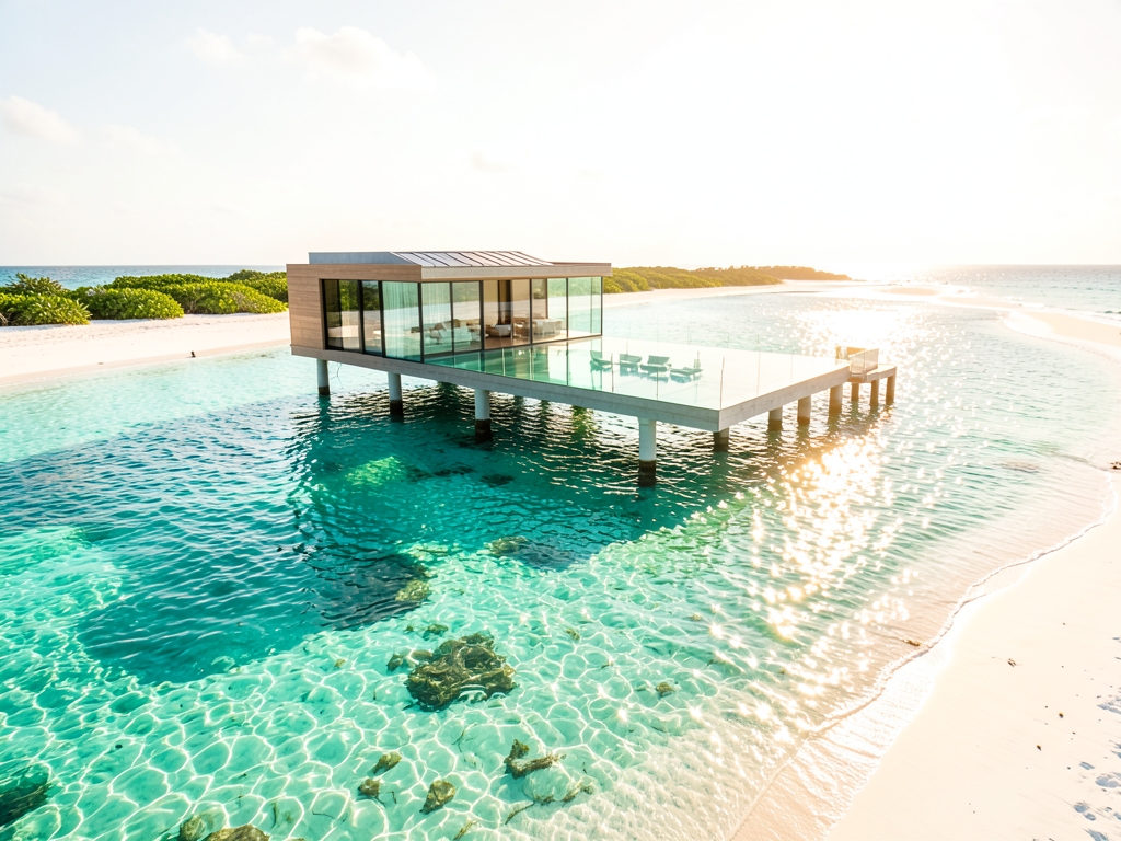 Sunlight glints turquoise lagoons white sand beaches surrounding