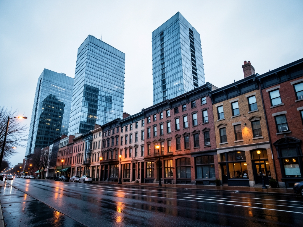wide view Boston s Back skyline dusk glass and steel mid rise