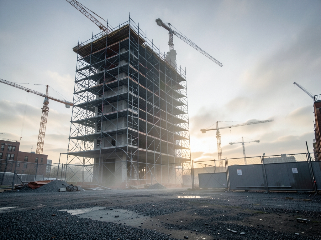 Boston construction site dawn steel scaffolding framing half built