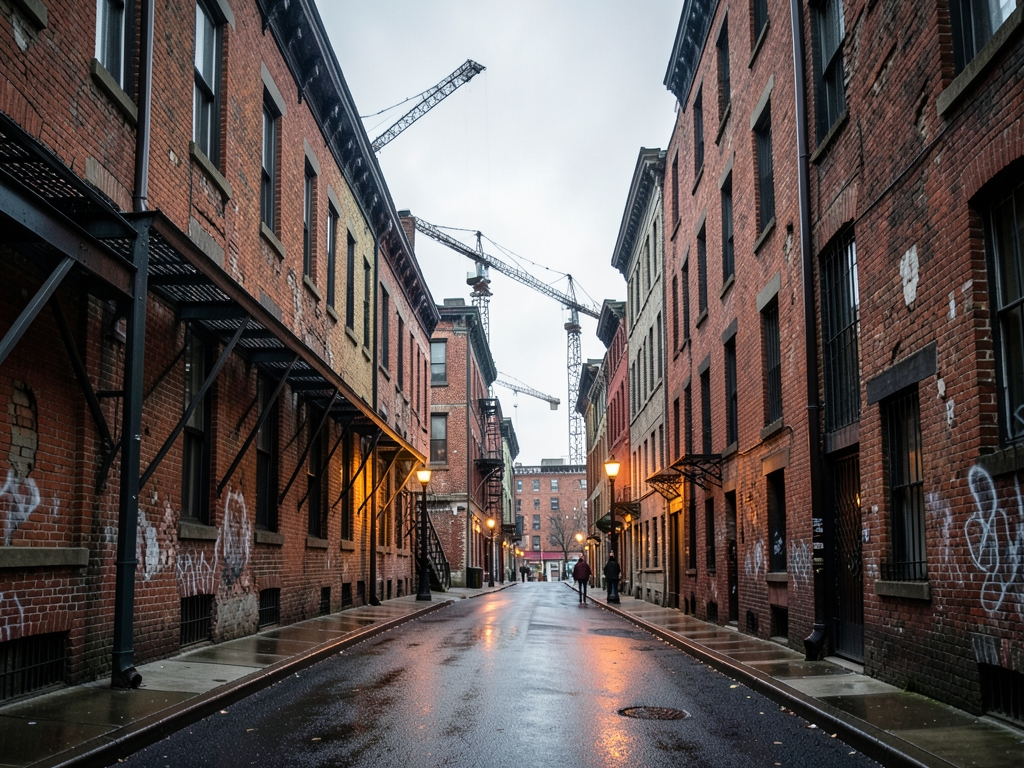 Boston street weathered brick rowhouses steel frame construction under