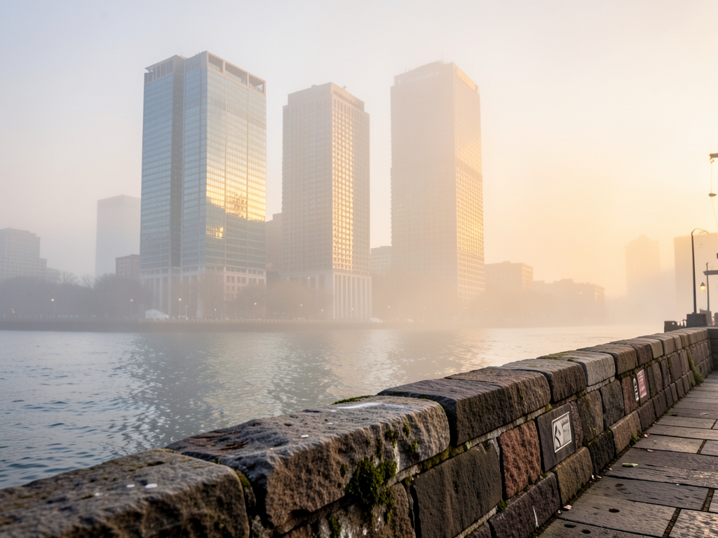Boston harbor dawn with glass and concrete high rises emerging from