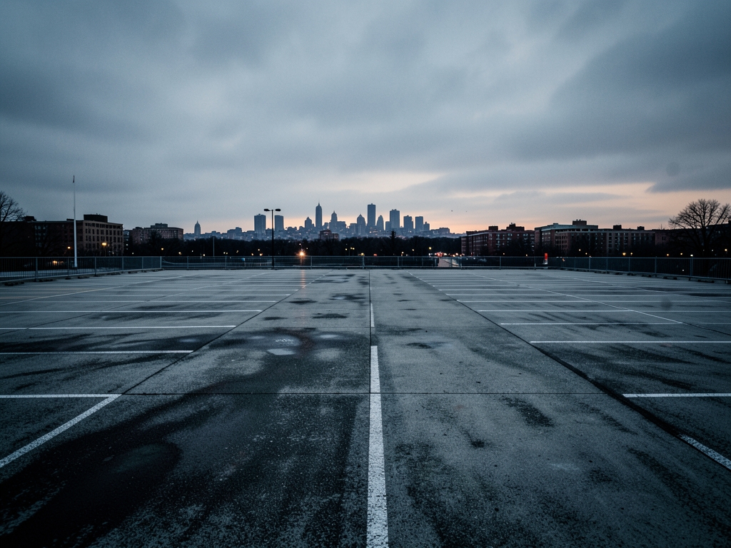 vast municipal parking dusk under gray skies empty