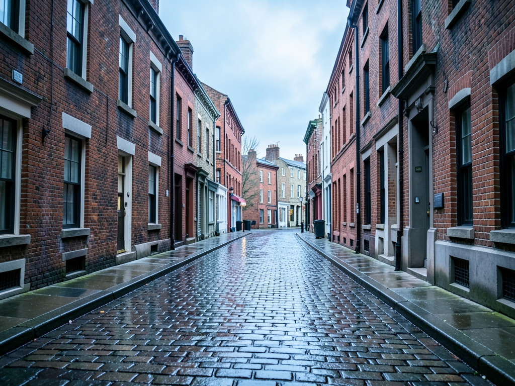 quiet cobblestone street Beacon Hill glistens under overcast