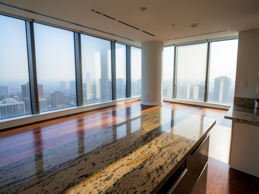 Sunlight filters through foggy windows onto polished granite