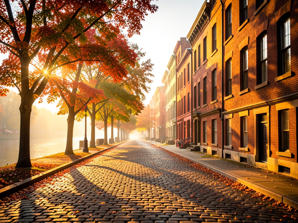 sunlit cobblestone street Boston s Beacon Hill golden hour