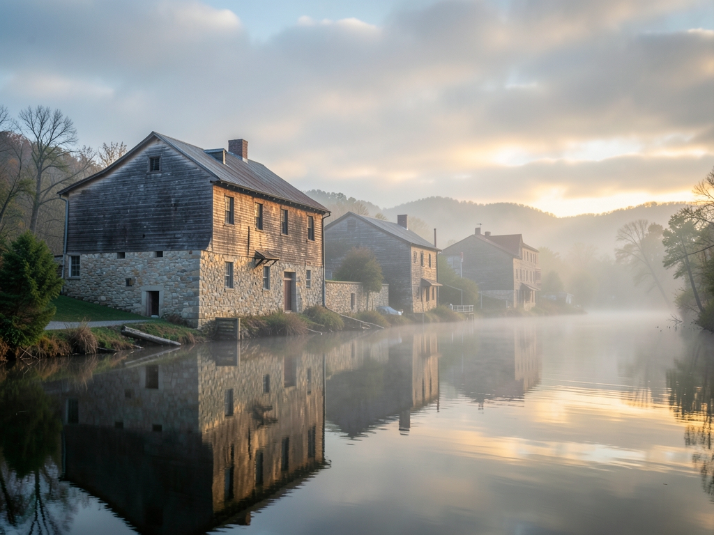 misty dawn over Cumberland River Nashville historic stone