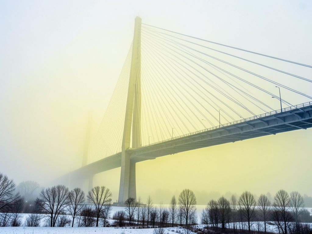 Line towering cable stayed bridge shrouded yellow smog pale