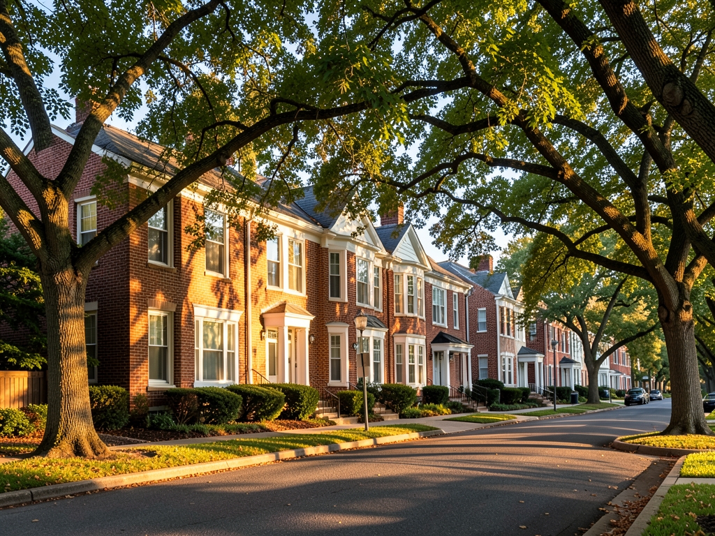 Sunlight filters through canopy mature oaks onto brick