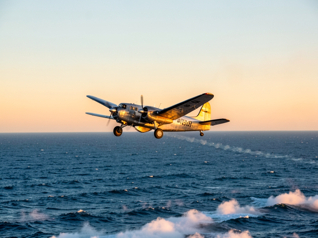 vintage airplane soaring over Atlantic Ocean golden hour