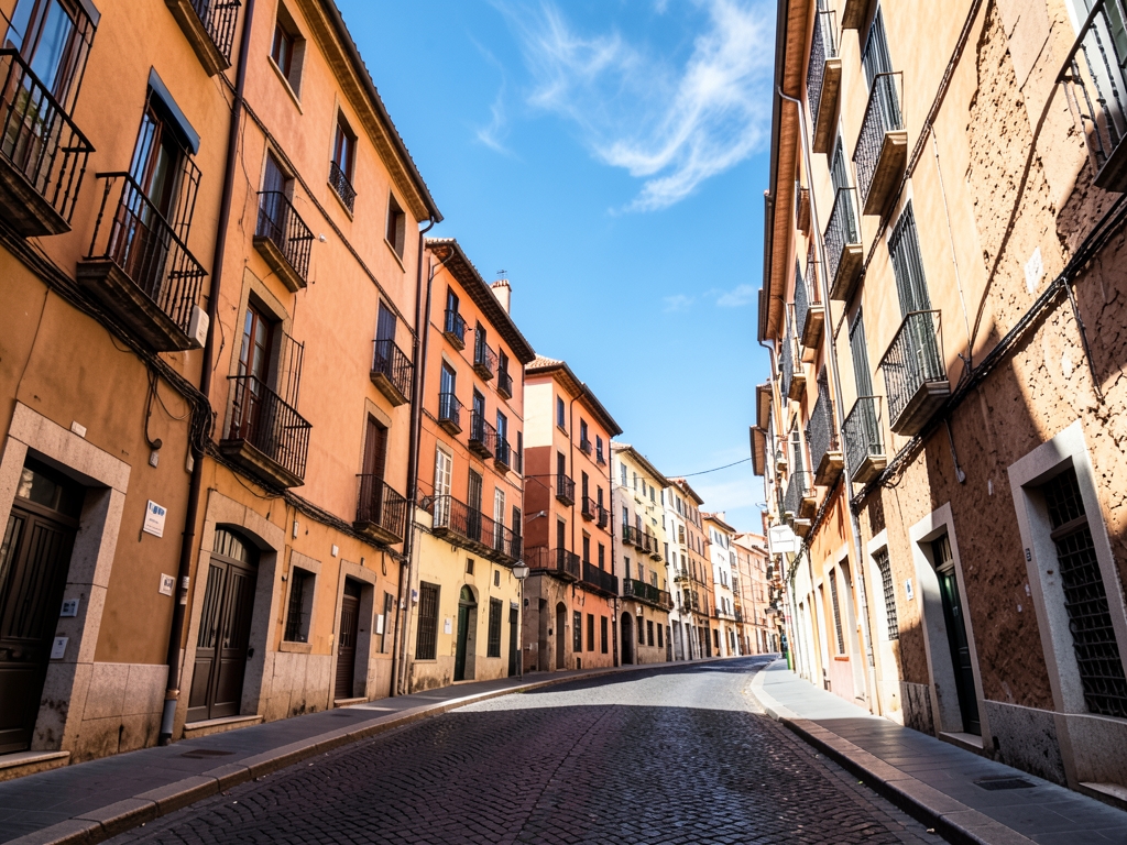 Sun drenched cobblestone streets Barcelona lined with terracotta roofed buildings