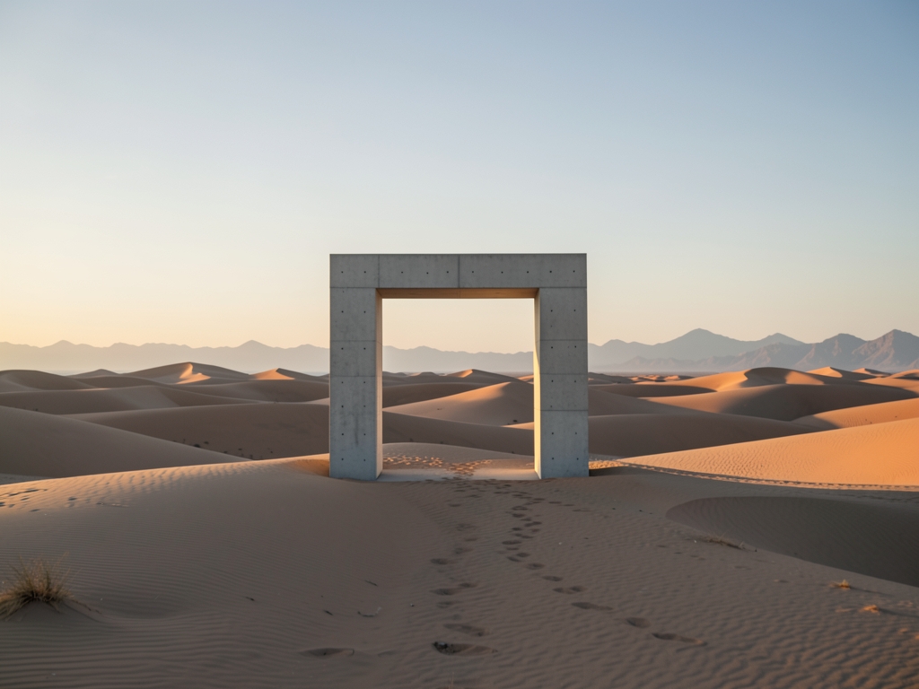 Modern minimalist concrete gateway framing calm desert horizon