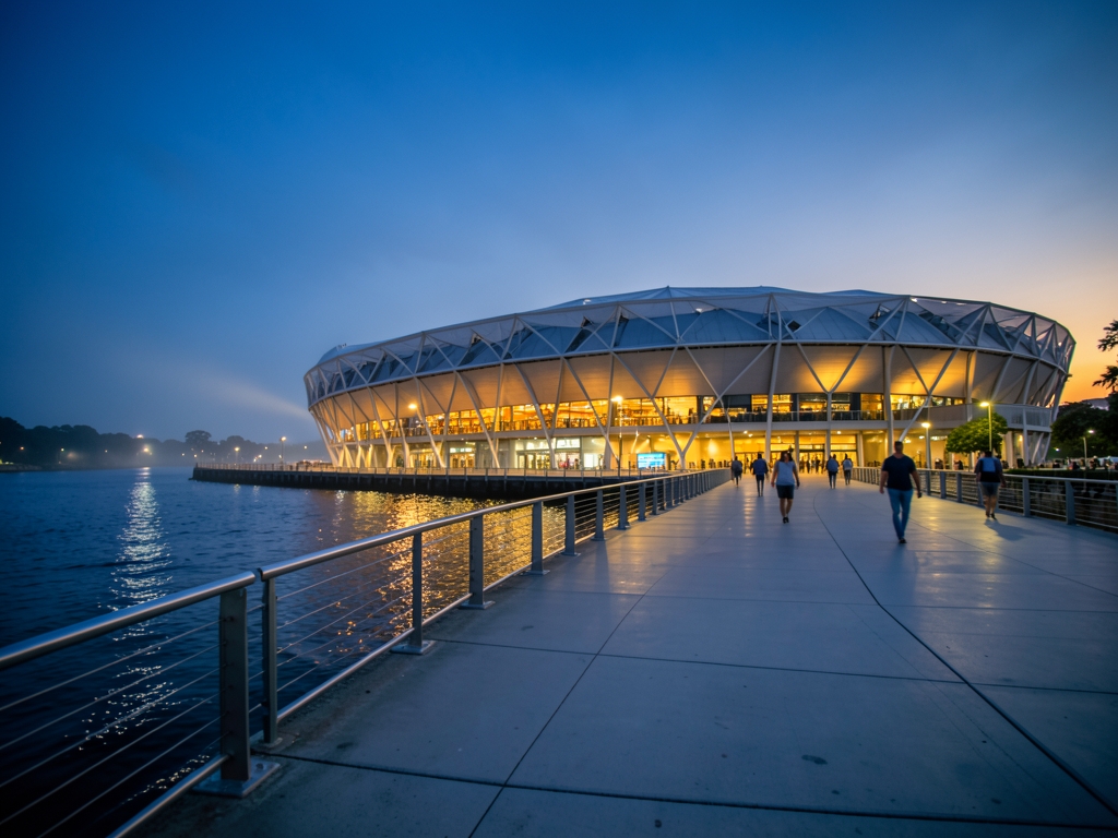 Brisbane riverside stadium precinct blue hour sleek concrete
