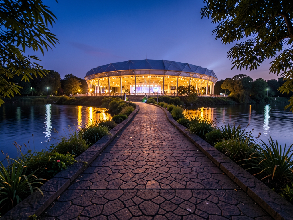 Long evening footpath toward illuminated event arena riverside