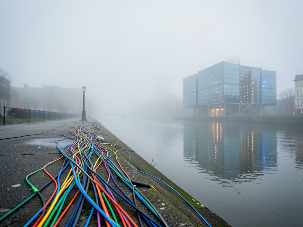 Foggy Thames embankment with fiber cables data center