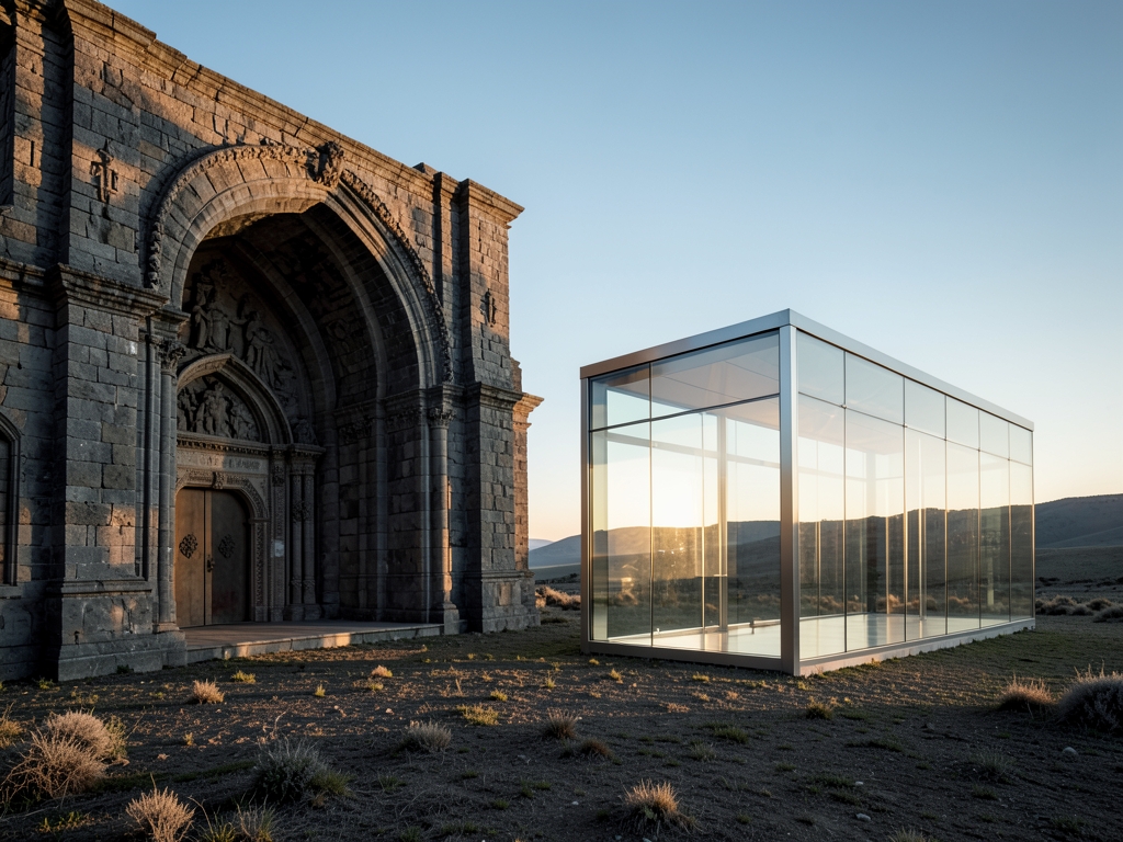 Contrasting heavy stone vaulted hall beside light glass