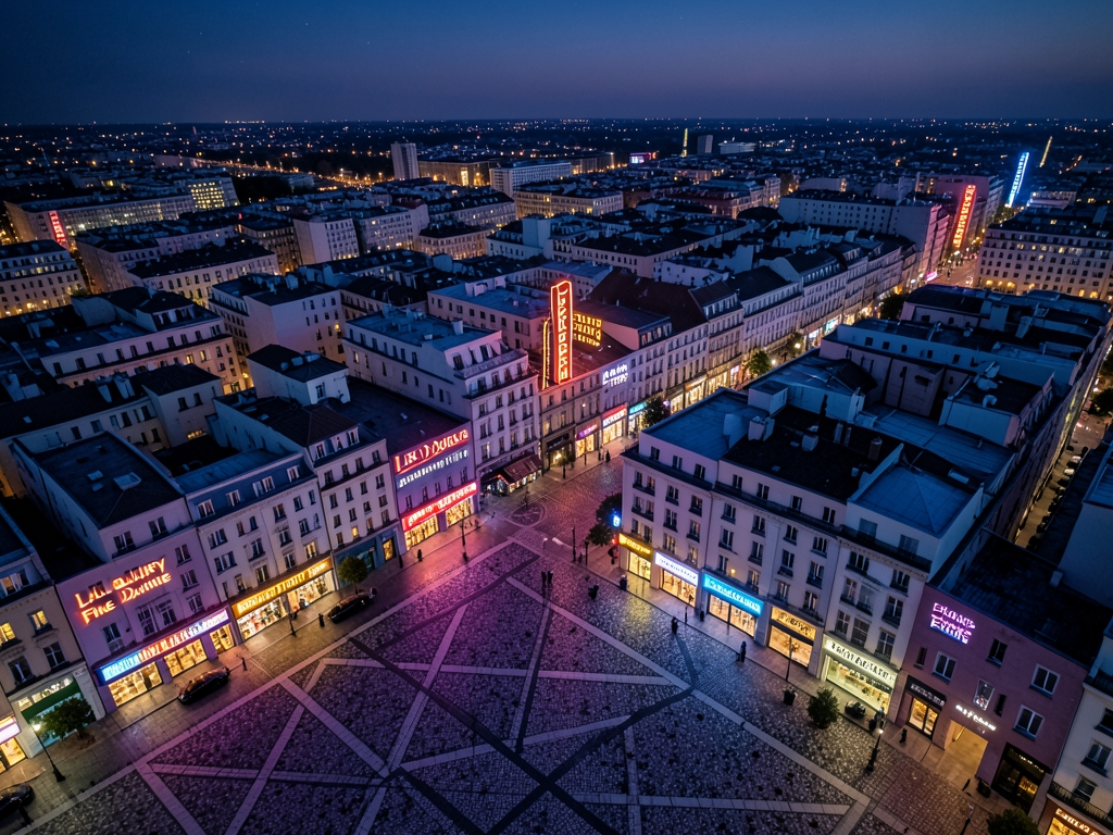 Aerial view city grid twilight with glowing marquee