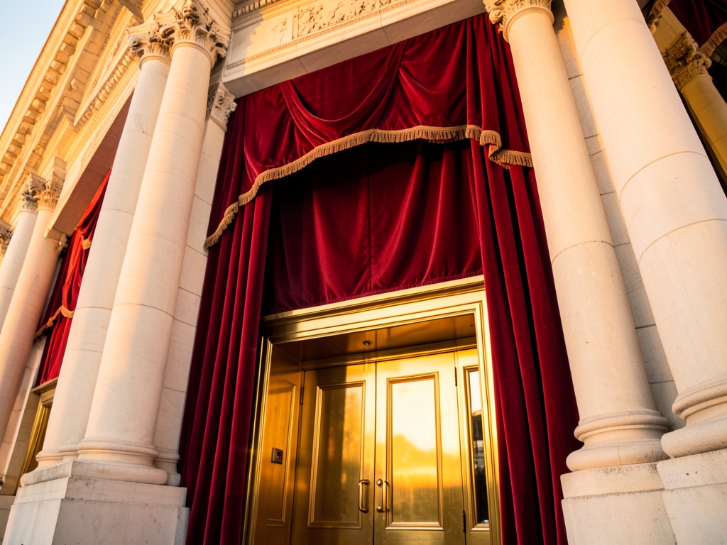 Grand theater facade bathed warm golden hour light