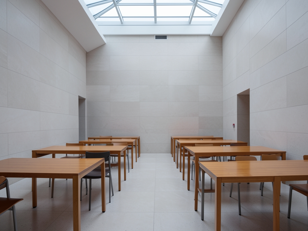 minimalist Stanford library reading room dawn pale stone