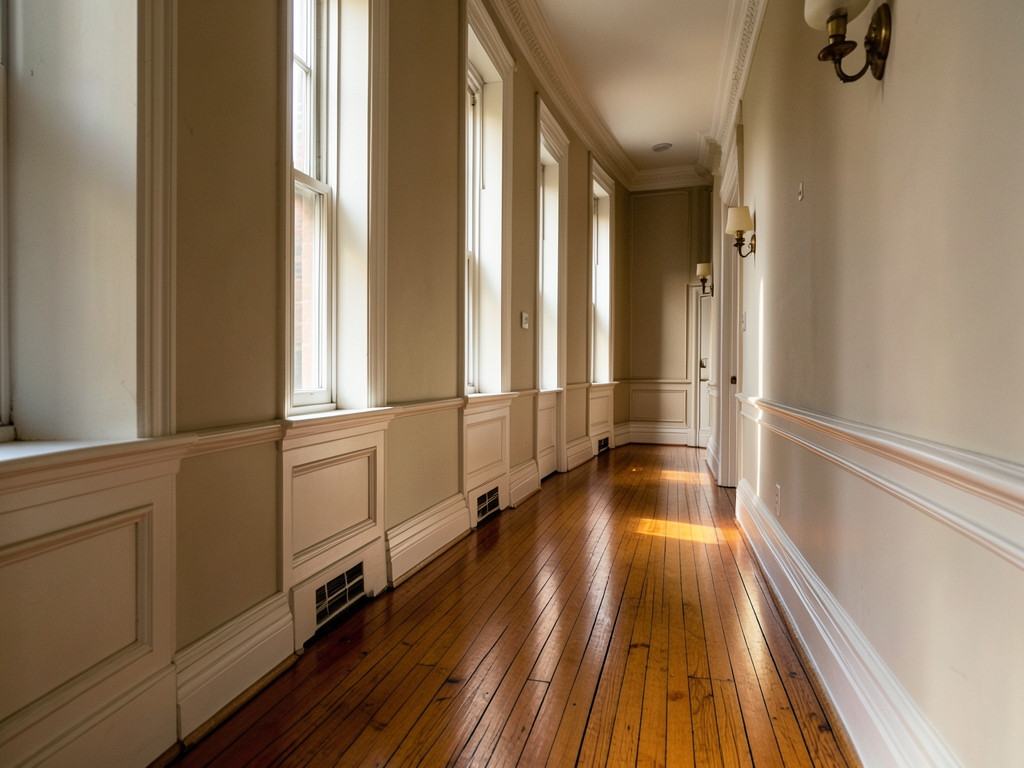 sunlit Brooklyn brownstone hallway with warm wooden floors