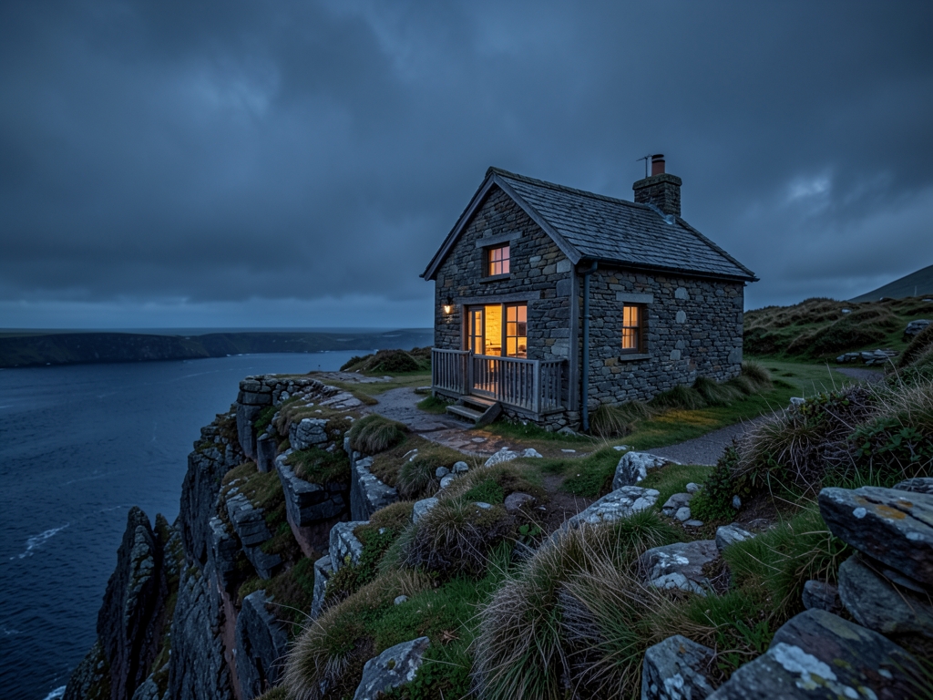 Small stone cottage windswept cliff under stormy evening