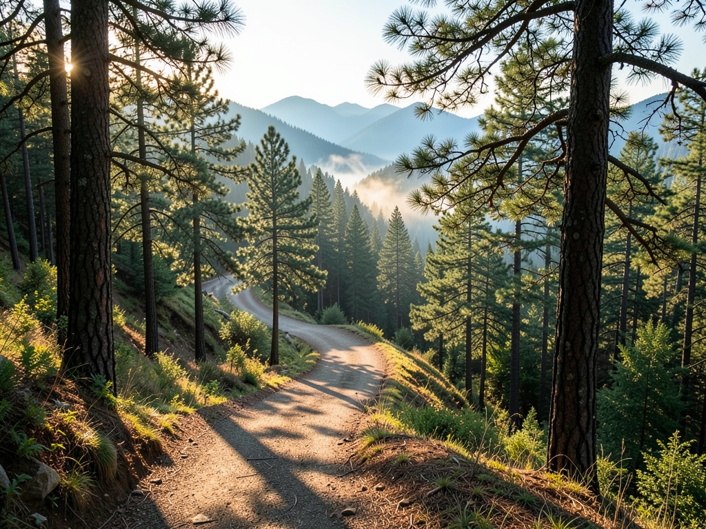 Winding mountain trail sunrise splitting into paths through
