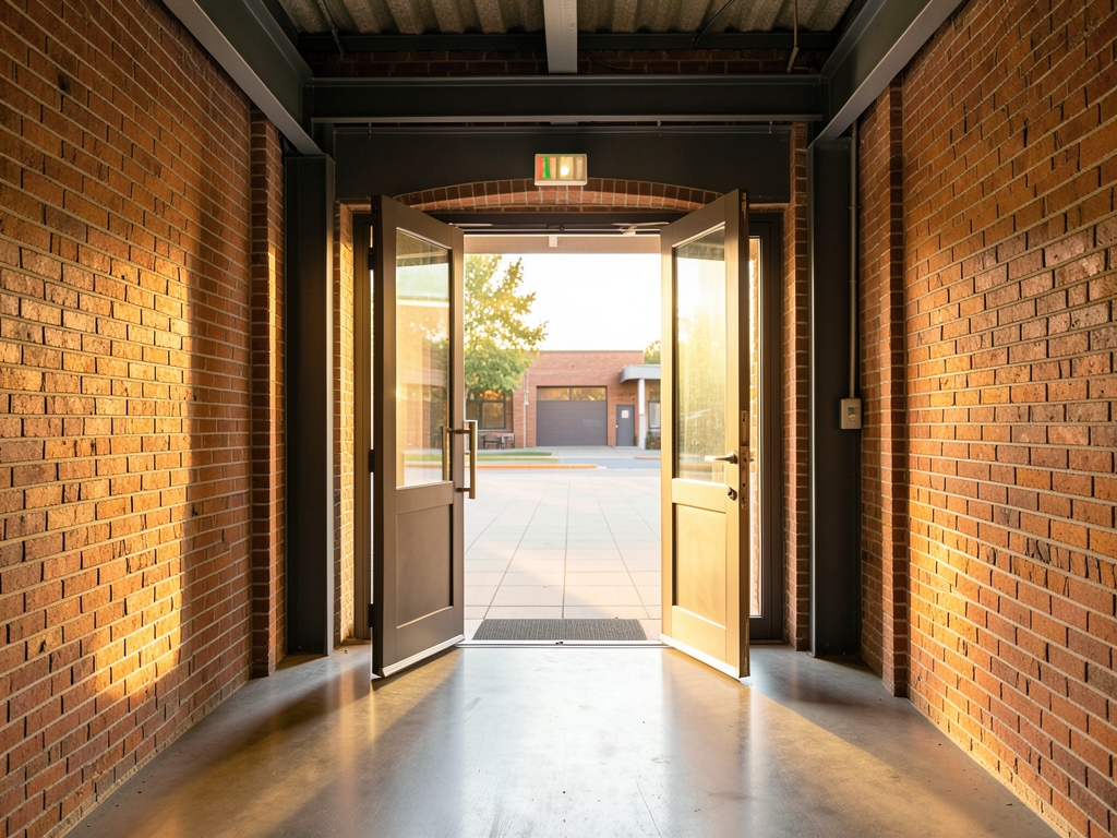 Commercial building corridor with double doors opened sunlit