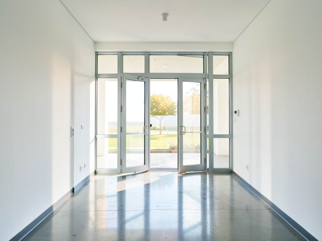 Bright modern office hallway with wide open metal framed